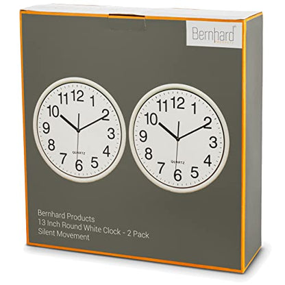 Bernhard Products White Wall Clocks Large 13 Inch, Silent Non Ticking 2 Pack, Quality Quartz Battery Operated Round Easy to Read Home/Office/Business/Classroom/School Clock, Black - color: White, size: 13 Inch - 2 Clocks