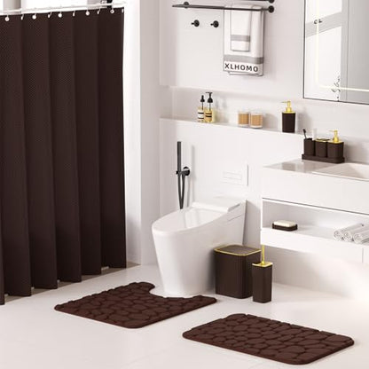 XLHOMO Bathroom Accessories Set - 25PC Brown Bathroom Sets with Shower Curtain and Rugs, Bathroom Accessory Set, Brown Shower Curtain Set, Trash Can, Qtip Holder Dispenser & Soap Dispenser - size: Bath Set+Shower Curtain+Rugs, style: Brown&Gold