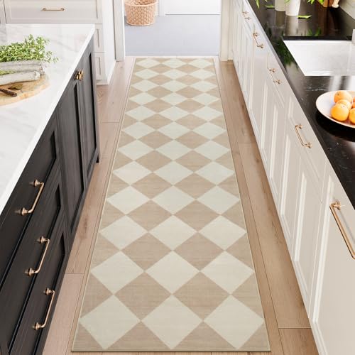 Beeiva Checkered Print Long Hallway Runner Rug Non Slip, Beige Ultra Thin 2.5x10 Washable Runner Rug, Moroccan Trellis Home Decor Faux Wool Neutral Carpet for Bathroom Kitchen Hallways, 10ft - color: Beige, size: 2.5' x 10' (Rectangular)