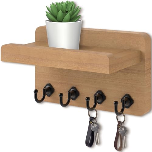 Nekon Key Holder Wall Mount, 8.5 Inch Small Wooden Wall Organizer, Wood | Rustic Wall Shelf, Farmhouse Key and Mail Holder for Living Room Entryway Kitchen - color: Wood