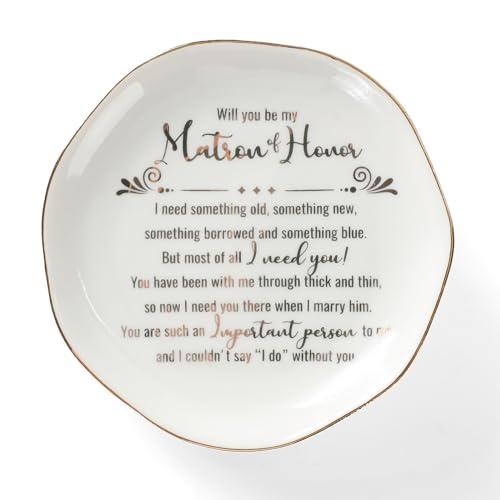 Matron Of Honor Ring Dish - Will You Be My Matron Of Honor - Jewelry Trinket Dish Tray, Bridesmaid & Bridal Shower Gifts - Proposal Gift For Bestie, White Ceramic - style: Matron Of Honor