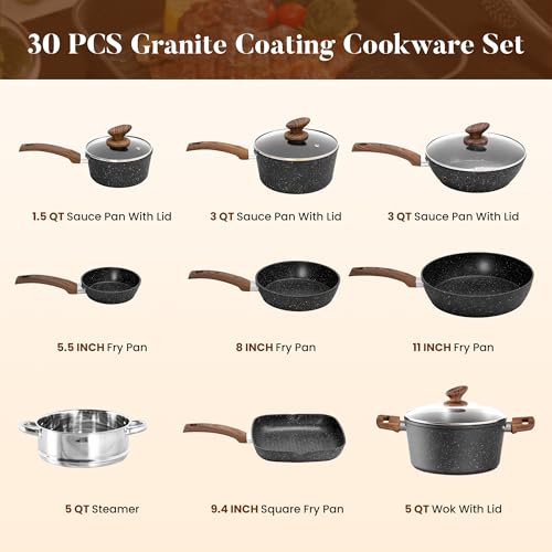 Kitchen Academy Induction Cookware & Bakeware Set, 30pcs Pots and Pans Set | Nonstick Kitchen Cookware Sets, Granite Cooking Pan and Pot Set, All-Stovetop Compatible, PFOS/PFOA-free, Black - color: Black, size: 30 PCS Cookware Set