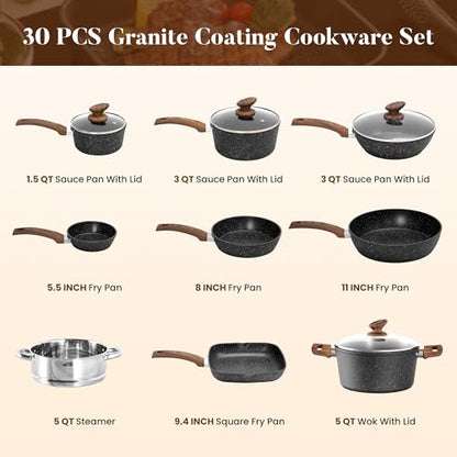 Kitchen Academy Induction Cookware & Bakeware Set, 30pcs Pots and Pans Set | Nonstick Kitchen Cookware Sets, Granite Cooking Pan and Pot Set, All-Stovetop Compatible, PFOS/PFOA-free, Black - color: Black, size: 30 PCS Cookware Set