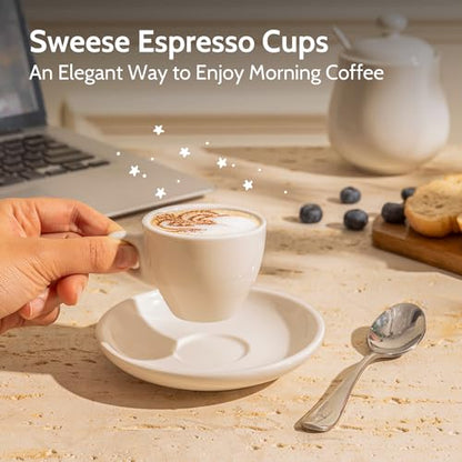 Sweese 2 Ounce Espresso Cups with Saucers, Porcelain Espresso Cups Set of 6 - White - color: White, size: 2OZ