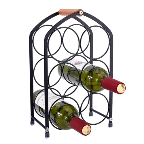 DICOSMETIC 1Pc Small Iron Wine Rack 6-Bottle Metal Wine Countertop Modern Freestanding Wines Holder Tabletop 8.11x4.94x13.23 Inch Large Bottle Organizer Holder for Home Bar Kitchen