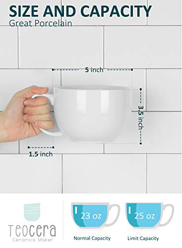 Teocera Soup Mugs with Handles, White Coffee Mugs Set of 4, Large Soup Cups - Striped Design - 24 Ounce Porcelain Jumbo Mugs Bowls for Coffee, Oatmeal, Hot Cocoa, Cereal - color: White