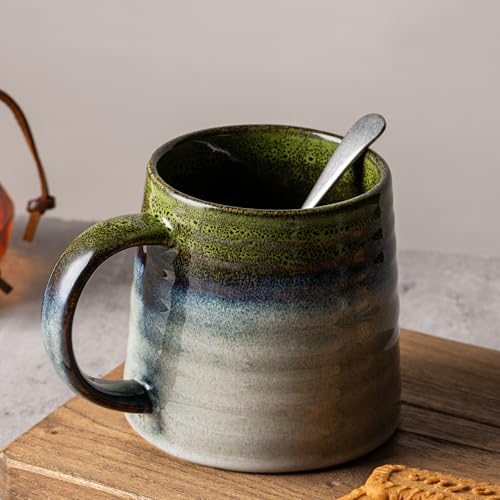 15.5oz Large Heavyweight Ceramic Mug, Reactive (Light Green) | 15.5oz Medium-Large, Heavy Weighted Stoneware, Reactive Transmutation Glaze, Microwave & Dishwasher Safe, Gift Box - color: Light Green