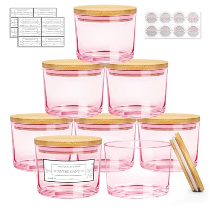 CONNOO 8 Pack 12 OZ Pink Glass Wide Mouth Candle Jars | Airtight Bamboo Lids, Sticky Warning Labels, Empty Container Bulk, Dishwasher Safe - color: Pink