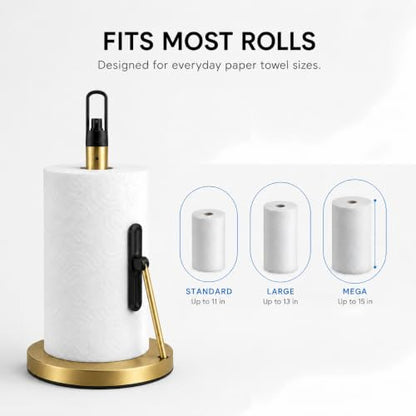 Paper Towel Holder with Spray Pump, All-in-One Countertop Paper Towel Stand with Refillable Bottle, One-Handed Tear Kitchen Roll Holder, Weighted Base, Brushed Stainless Steel (Gold) - color: Gold