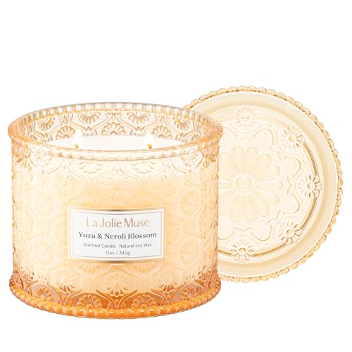 LA JOLIE MUSE Yuzu & Neroli Scented Candles for Home, Natural Soy 2-Wick | Large Jar Luxury Fresh Candle, Clean Non Toxic, Gifts for Women & Men, Spring Summer Candles, Pretty Candle, Citrus Orange - color: Yuzu & Neroli Blossom, size: 12 oz