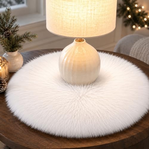 Faux Fur Placemats Set of 2 White Round Table Runner Small Luxury Shaggy Sheepskin Table Linen Wedding Decor Designer Accessories (White, 16 x 16 inches) - color: White, size: 16x 16 inches