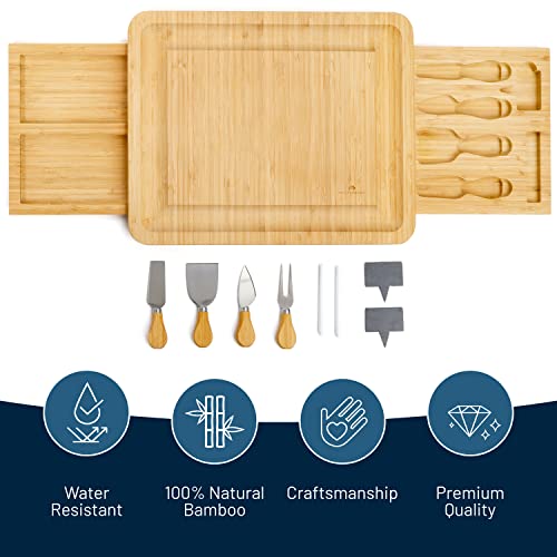 Bamboo Cheese Board and Knife Set with 2 Slide-Out Cutlery Drawers | Charcuterie Boards Set - Birthday Gifts for Women, Wedding Gifts for Couples , Bridal Shower Gifts - style: Large Cheese Board Set