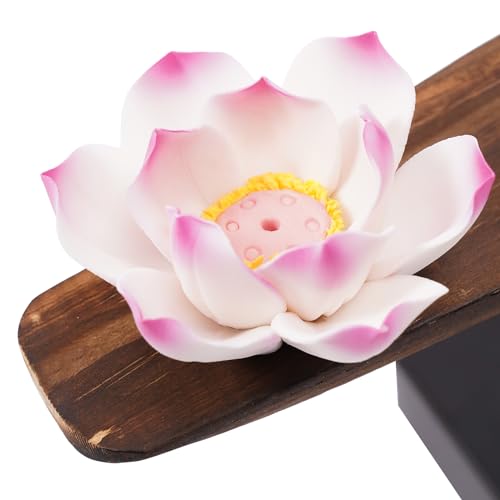 Backflow Incense Burner | Lotus Incense Holder Waterfall Smoke Fountain with Handmade Ceramic & Stable Wood Base for Meditation, Yoga, Tea Room & Home Decor | 32x35cm