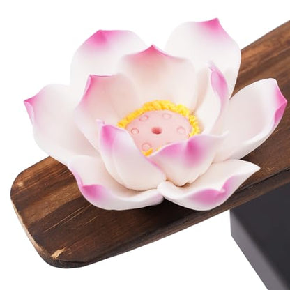 Backflow Incense Burner | Lotus Incense Holder Waterfall Smoke Fountain with Handmade Ceramic & Stable Wood Base for Meditation, Yoga, Tea Room & Home Decor | 32x35cm