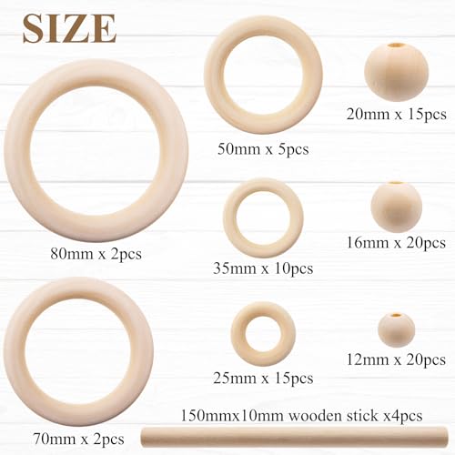 93 Pcs Macrame Kit Includes 4pcs Macrame Wooden Sticks 34pcs Wooden Rings Circles 55pcs Wood Beads Unfinished Wood Rings Beads Sticks for Macrame Wall Hanging Craft DIY Plant Hangers Crafts Knitting