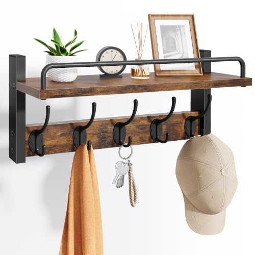 Coat Hanger Wall Mount with Shelf and Guardrail, 16.3" Rustic Brown | Coat Rack Wall Mount with Shelf with 5 Coat Hooks, Storage Entryway Wall Hooks with Shelf for Living Room, Bedroom, Bathroom - size: 16.3 Inch Long