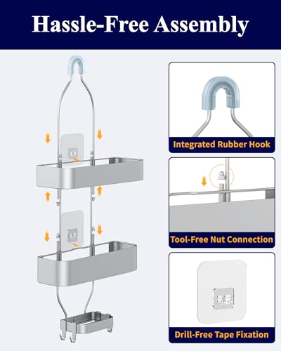 Kitsure Shower Caddy Hanging, No-Drill Bathroom Shelves, Silver, 28.5" H | Bathroom Organizers and Storage, Wobble-Free Shower Organizer with Adhesive Tapes, Rust-Proof Shower Storage for Toiletries