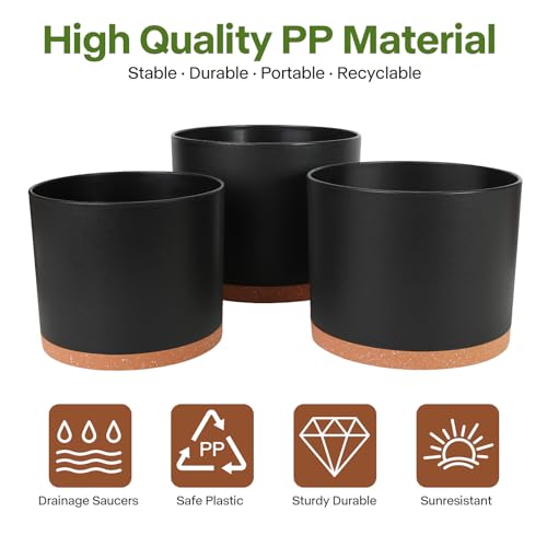 3 Pack Cylinder Planter Set 10/9/8 Inch White Indoor Plant Pots | Modern flower pots with drainage holes and saucers. For outdoor garden, succulent, nursery, and house plants. - color: Black-brown