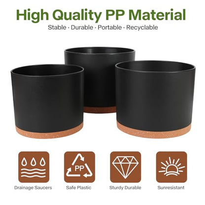 3 Pack Cylinder Planter Set 10/9/8 Inch White Indoor Plant Pots | Modern flower pots with drainage holes and saucers. For outdoor garden, succulent, nursery, and house plants. - color: Black-brown