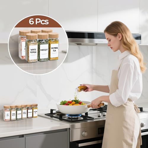 ComSaf Glass Spice Jars with with Labels 4 oz 6 Pack Small Bamboo Lids | Empty Containers, Seasoning Herb Powder, Salt Pepper Chili, Spice Rack Organization, Kitchen Cabinet Storage, Funnel Included - color: 4oz*6 Bamboo Lids