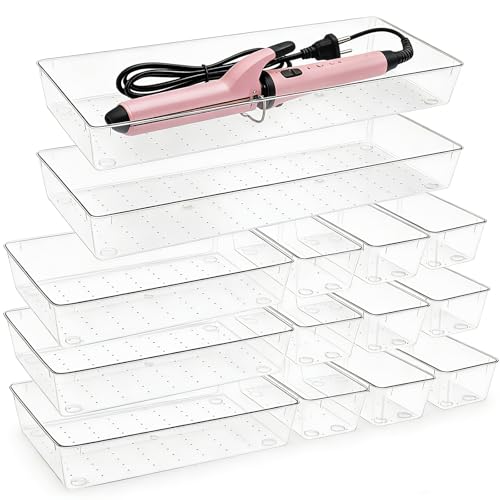 Manalete 14 Pcs Plastic Drawer Organizer with 2 pcs 15"x6" Vanity Organizer | Durable Clear PET Storage Bins Tray for Desk, Kitchen & Bathroom, Office, Makeup, Tools, Easy Clean, Stackable, BPA-Free - size: 2 Pack 15×6", 3 Pack 9×6", 9 Pack 3×6"