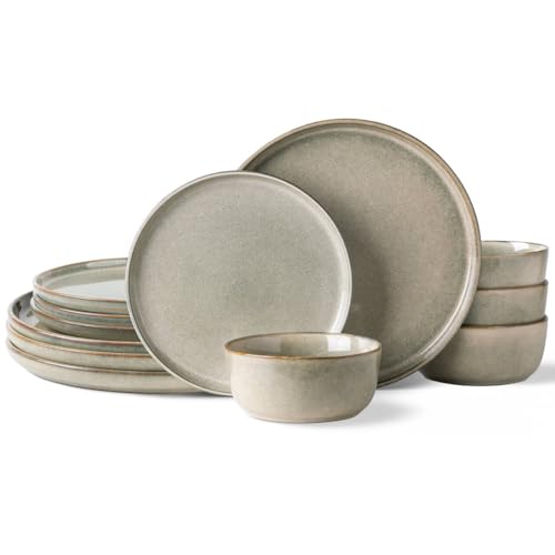 AmorArc Stoneware Dinnerware Sets for 4, 12Pcs Plates and Bowls Sets Dishes | Ceramic Round Reactive Glaze Dishes Set, Highly Scratch Resistant | Dishwasher & Microwave Safe Dishware - color: Reactive Glaze, size: Service for 4