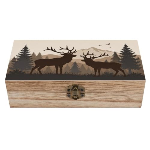 Silhouette Deer Mountain Forest Wooden Storage Box Organizer Decorative Keepsake Memory Box Rustic - color: Silhouette Deer Mountain Forest