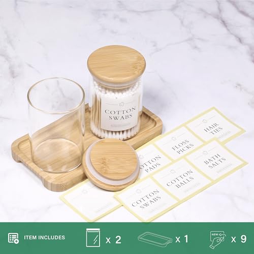 INIUNIK Qtip Holder with Vanity Tray - 2 Pack Glass Apothecary Jars with Lids, Cotton Ball Swab Pad Floss Pick Holder, Bathroom Organizers Jars Containers Canisters Accessories Set