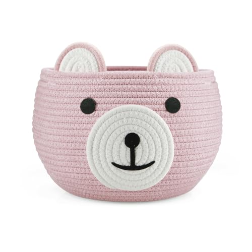 PandaEar Cotton Rope Baby Basket, Baby Gift Basket Nursery Laundry Organizer with Cute Bear Design for Storage Infant Newborn Essentials, Diaper Caddy with Handle (Pink) - color: Pink