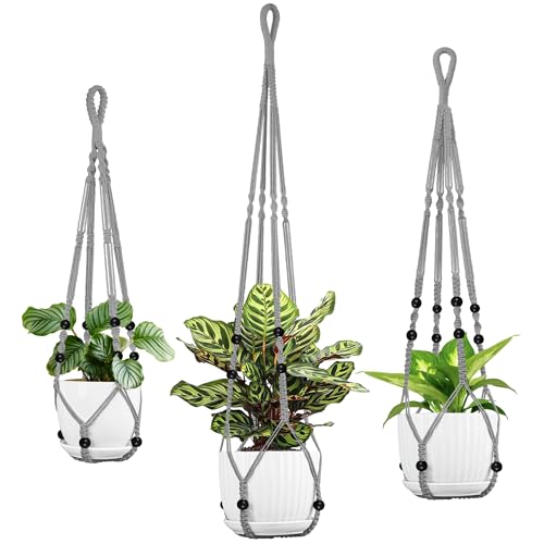 Macrame Plant Hanger - Fits 4-15 Inch Pots, 43"/35"/29" Different Sizes Set, Hanging Planter Holder for Indoor Outdoor, Cotton Rope Boho Home Decor, Gray - color: Gray, size: 43+35+29in
