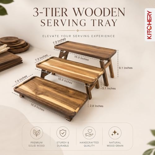 3 Tier Foldable Serving Tray, Acacia Wood Tiered Serving Stand for Parties, Lightweight Wooden Dessert Table Display Set for Charcuterie, Fruit, Cupcakes, Appetizers, Brown