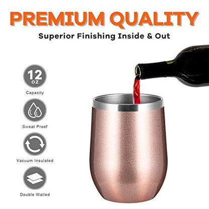 COMOOO Stainless Steel Wine Tumbler with Lid and Straw 12oz Double Wall Vacuum Insulated Travel Tumbler Cup for Coffee, Wine, Cocktails, Champagne (Black White Silver and Rose Gold,8 Pack) - color: Black-White-Silver-Rose Gold