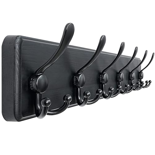 Coat Rack Wall Mounted - 24" Long 6 Tri Hooks, Heavy Duty Wooden Wall Coat Hanger Coat Hook for Clothes Hat Jacket Clothing, Black - color: Black, size: L=24"