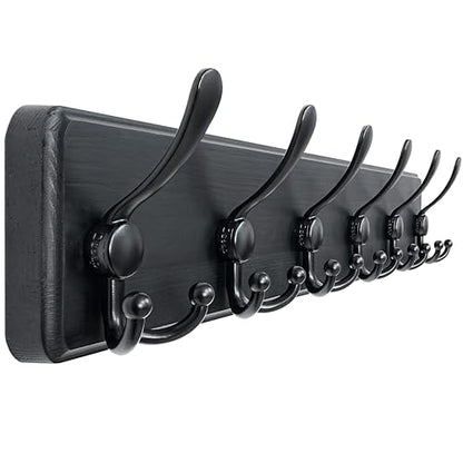 Coat Rack Wall Mounted - 24" Long 6 Tri Hooks, Heavy Duty Wooden Wall Coat Hanger Coat Hook for Clothes Hat Jacket Clothing, Black - color: Black, size: L=24"