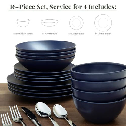 Larder & Vine Stoneware Dinnerware Set, 16 Piece, 4 Place Settings, Made in Portugal, Indigo - color: Indigo