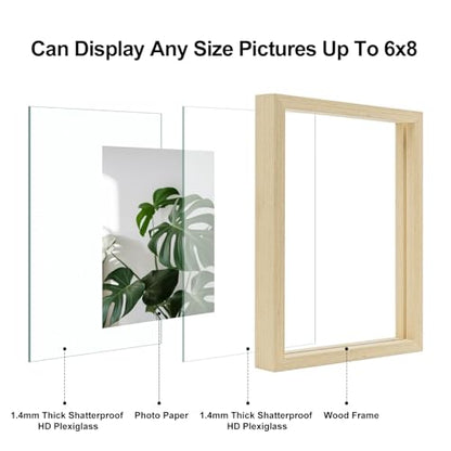 Egofine 6x8 Floating Frames Set of 2, Double Plexiglass Picture Frame, Made of Solid Wood Display Any Size Photo up to 6x8, Wall Mount or Tabletop Standing, Natural Wood - color: Natural Wood, size: 6x8