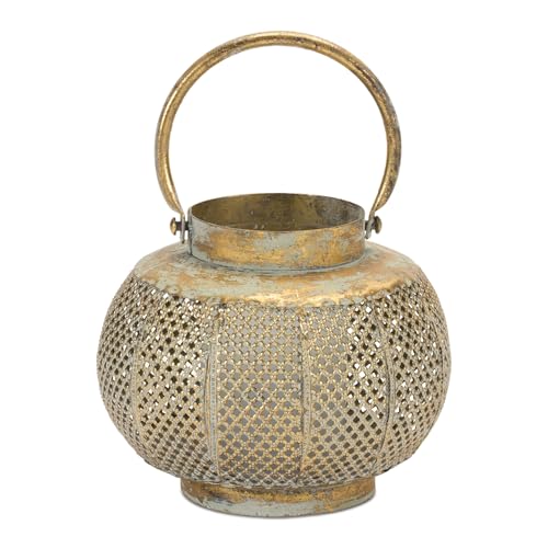 Melrose International Distressed Punched Metal Lantern - Copper Green Finish Indoor Candle Holder Decor 7.5 inch