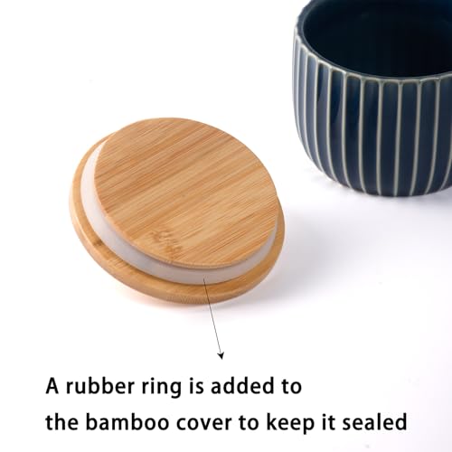 Salt Cellar Keeper with Bamboo Lid, 14oz Big Capacity Ceramic Sugar Bowls Pepper Box, Crackle Glaze Seasoning Container Condiment Pot for Kitchen (Blue Color) - color: Blue