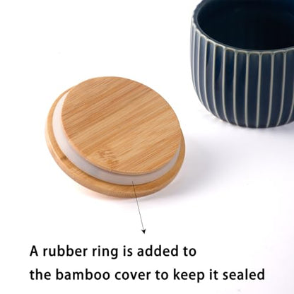 Salt Cellar Keeper with Bamboo Lid, 14oz Big Capacity Ceramic Sugar Bowls Pepper Box, Crackle Glaze Seasoning Container Condiment Pot for Kitchen (Blue Color) - color: Blue