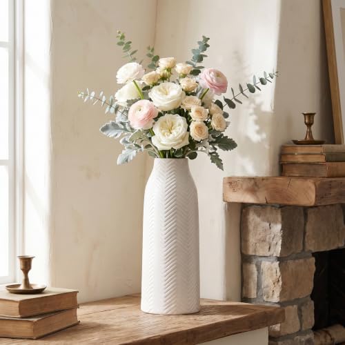 hjn Large White Vase for Flowers Ceramic Vase for Home Decor Tall Vases for Your Floor/Kitchen/Office/Living Room/Table- White Texture(Large) - size: 7D'' x 18"H