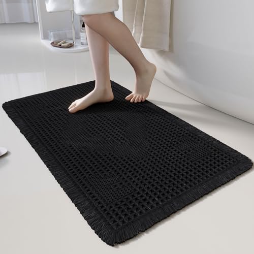 Non Slip Bath Mats for Bathroom Soft Absorbent Boho Bathroom Rugs with Tassels Waffle Bath Mat Machine Washable Black, 1'6" x 2'6" - color: Black, size: 1'6" x 2'6" (Rectangular)