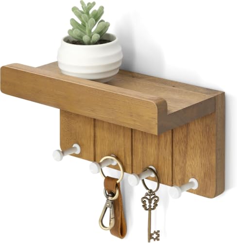 Rebee Vision Key Holder Wall Mount with 4 Hooks for Room Decor, Light Brown | 8-Inch, Rustic Key and Mail Holder for Wall, Mail Organizer, Small Floating Shelf, Key Hanger, Home Decor Aesthetic - color: C - Light Brown, size: Small - 8 inch