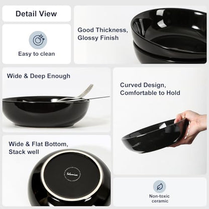 Selamica Ceramic Pasta Bowls Set of 4, Large Salad Bowl, Black - color: Black, size: 8 Inch