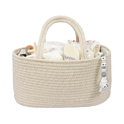 XUANGUO Cotton Rope Baby Diaper Caddy Organizer Basket with Handles Oatmeal | Nursery Storage Bin, Portable Baby Tote Bag for Changing Table or Car, Baby Shower Gifts Bag, Newborn Essentials, Registry - color: oatmeal, size: Regular