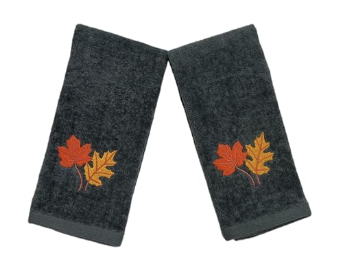 Harvest Fall Fingertip Towels for Bathroom: Autumn Plush Dark Grey Gray Autumn Leaf Design, 100% Cotton Towels, Set of 2, 12" x 18" - color: Autumn Leaf Grey