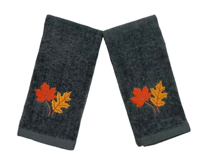 Harvest Fall Fingertip Towels for Bathroom: Autumn Plush Dark Grey Gray Autumn Leaf Design, 100% Cotton Towels, Set of 2, 12" x 18" - color: Autumn Leaf Grey