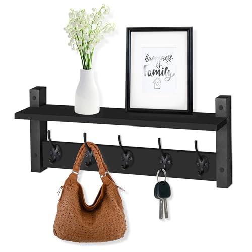 Sorbus Coat Hooks Wall Mount with Shelf – 24 Inch Coat Rack Wall Mount with 5 Heavy Duty Hooks – Floating Wall Shelf with Hooks for Entryway, Bathroom, Bedroom, Kitchen, or Mudroom (Black) - color: Black, size: 24 Inch