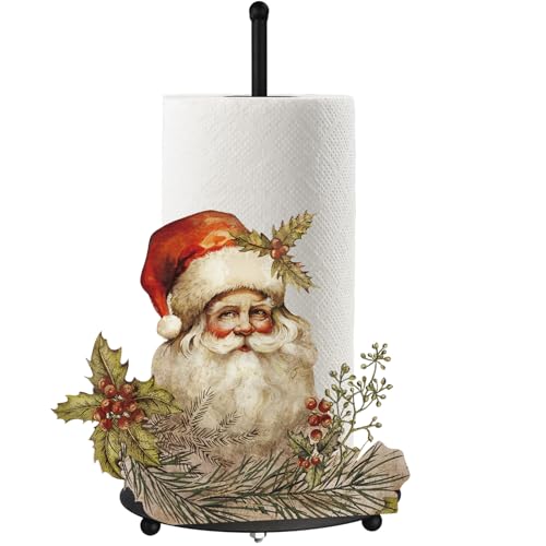 Christmas Paper Towel Holder Retro Santa Countertop Kitchen Decor and Accessories Black Metal Farmhouse Large Tissue Stand Gifts for Christmas Party, 3D Hand Painting Pattern, Weighted Base - style: Retro Santa