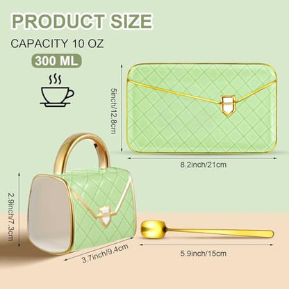 Zubebe 1 Set Coffee Mug Elegant Handbag Shaped Cup Modern Ceramic Purse Mug with Spoon and Saucer, 10oz Cute Creative Tea Cup for Woman Girls Gift (Light Green) - color: Light Green