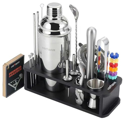 HMYBAR® 22-Piece Cocktail Shaker Set, Mixology Bartender Kit with 24oz Cobbler Shaker, Home Bar Tool Set with Black Bamboo Stand, 39 Recipe Cards, Glass Markers, Gift for Men & Dad - color: Black
